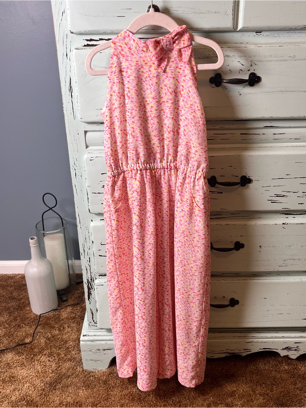 Janie and Jack Pink Confetti Print Maxi Romper with Bow Neckline. Size 6.